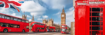 Tower Bridge mit Doppelstockbussen, Union Jack und Telefonzelle
