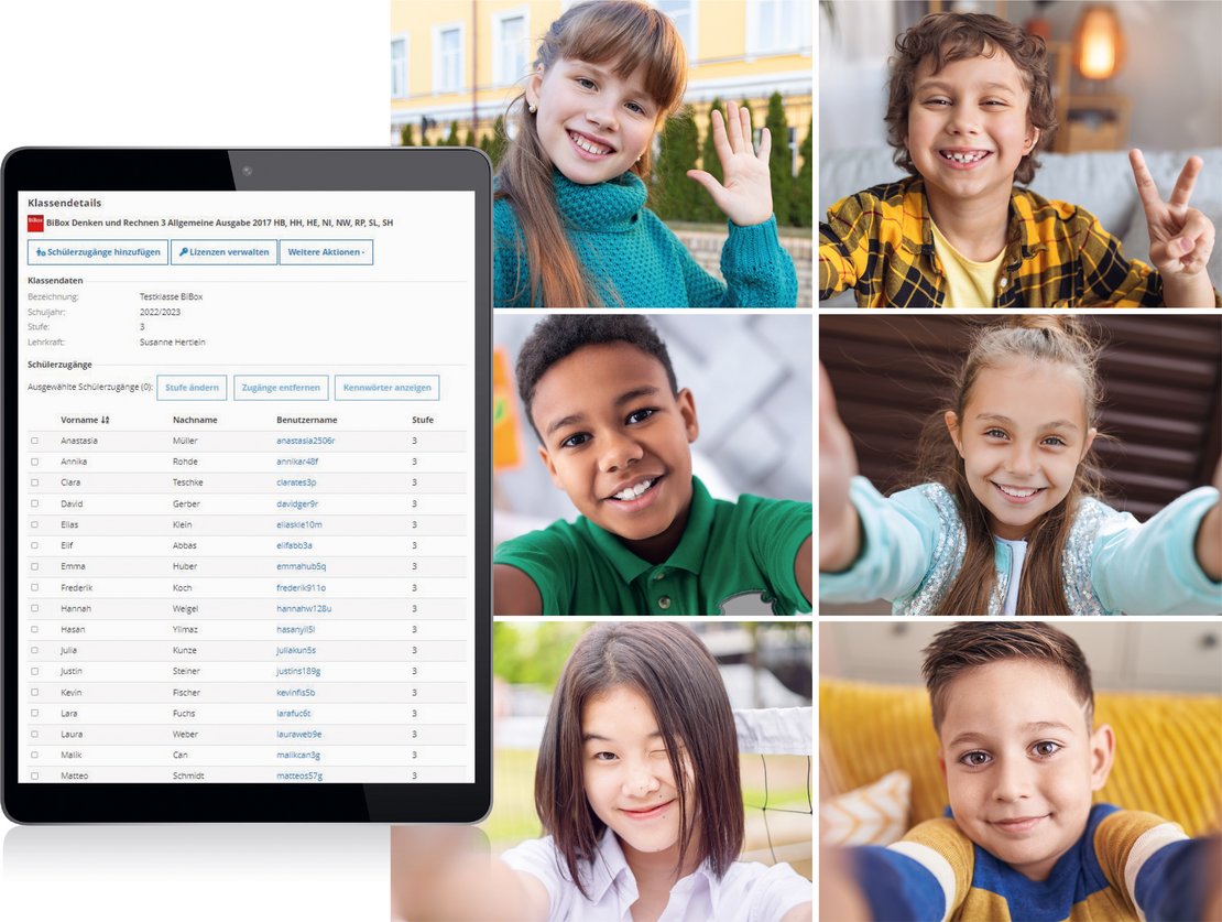 Tablet mit Schülerliste, sechs Schüler/innen in Videokonferenz